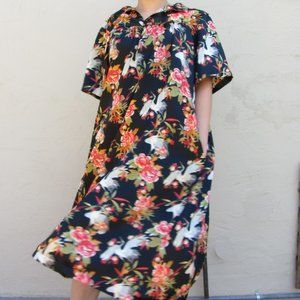 Vintage Satin Japanese Crane Print Kaftan Dress OS